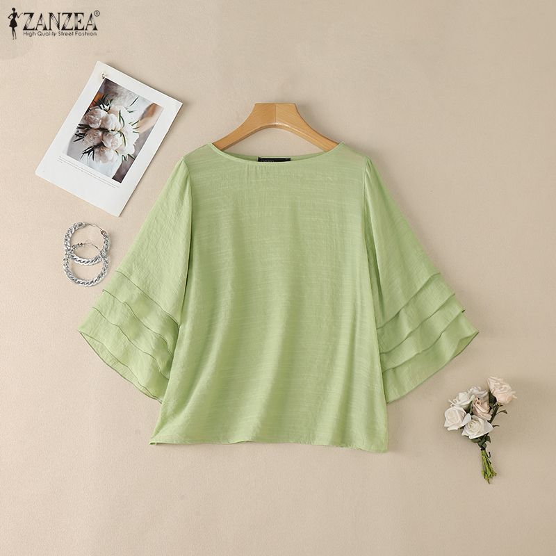 ZANZEA Blusa da Donna Casual Girocollo Monocolore con Volant Manica 3/4 Larga