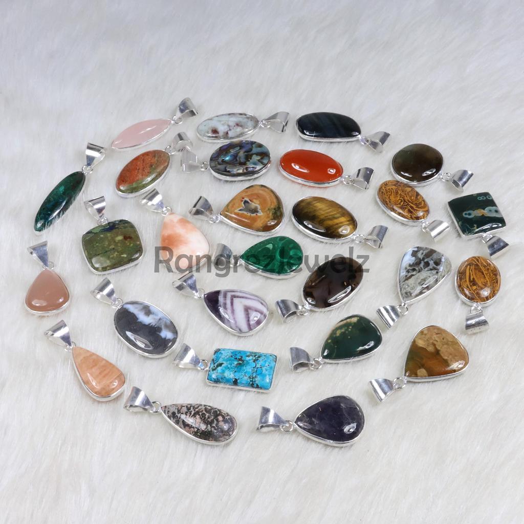 Mix Gemstone Pendant Sterling Silver Pendant Cabochon Pendant Necklace Bezel Pendant Tiny Pendant Natural Gemstone Jewelry Necklace