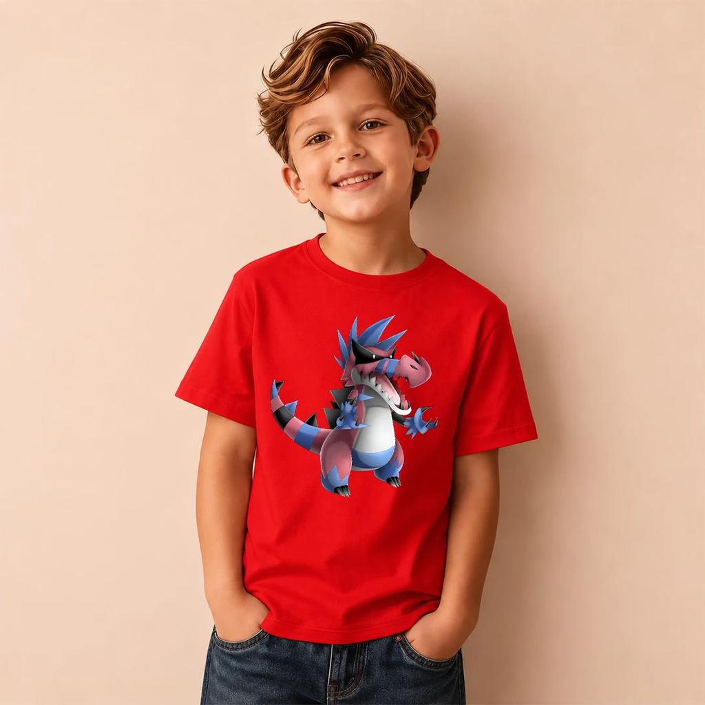 Kids Pokemon Krookodile Print Short Sleeve T-Shirt Boys Cartoon Graphic Casual Tee Children Birthday Gift
