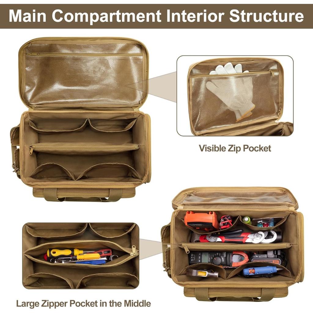 14" Heavy Duty Tactical Tool Bag, Durable Portable Work Organizer Non-Slip Base, Multi Purpose Storage for Handyman Carpenter