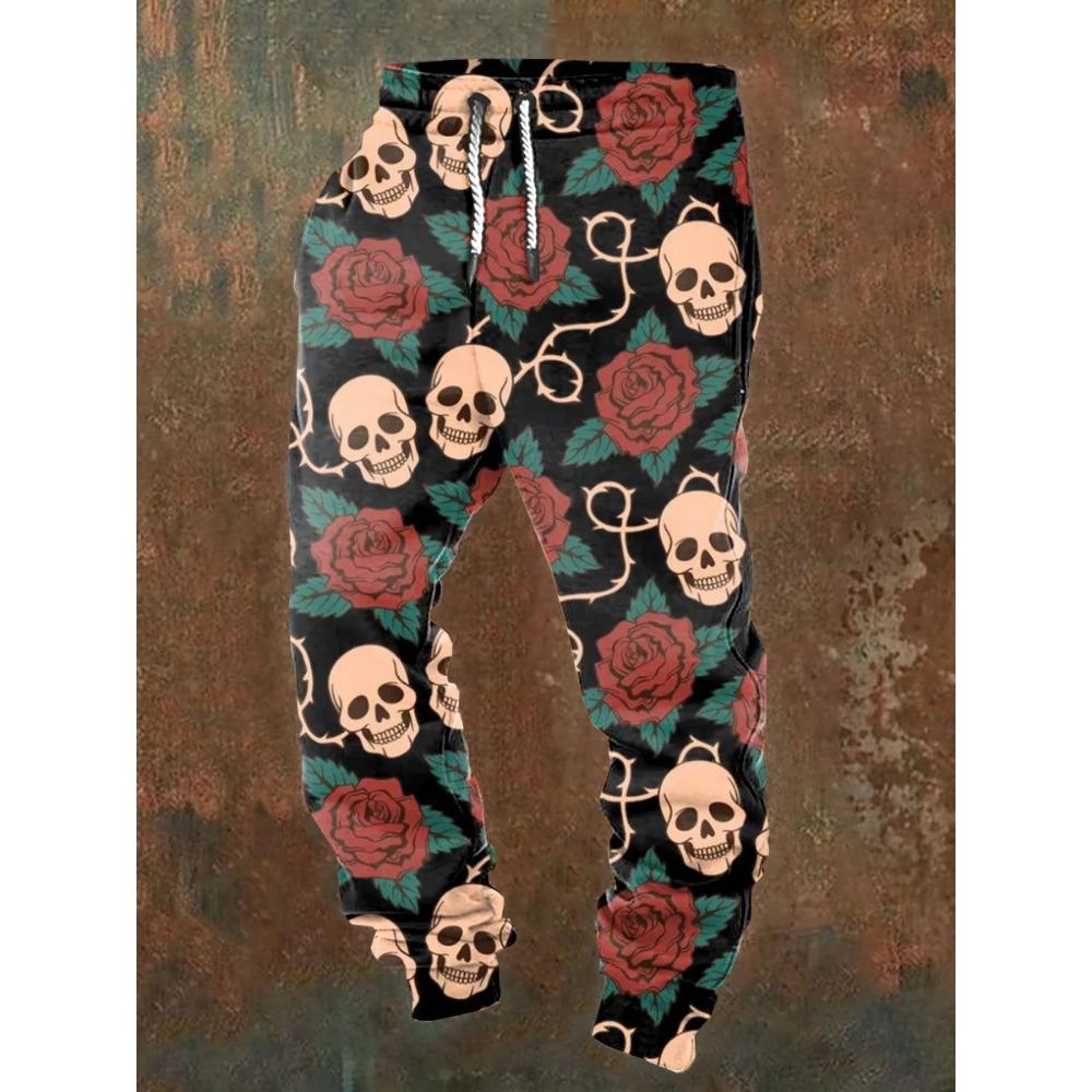 Men's casual jogging pants with drawstrings and Halloween skull prints, suitable for outdoor wear, autumn and winter fashion