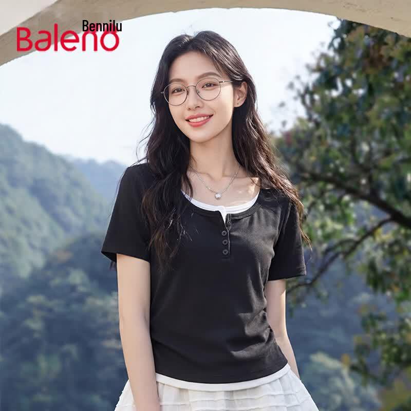 Baleno Women s Faux Two-Piece Ruched Slim Fit T-Shirt M чёрный