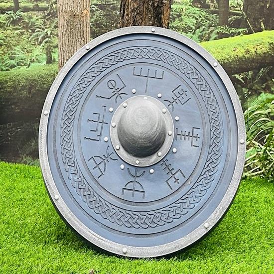Viking Blue Wooden Shield with Norse Rune Symbols Round Shield 60.96 Cm Nordic Wall Decor, LARP Cosplay Prop, Medieval Warrior Gift