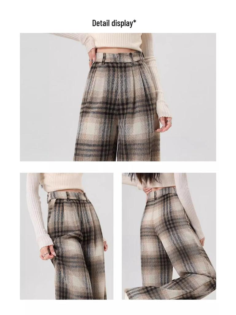 Women's Retro Black & White Plaid Wool Blend Wide-Leg Pants: Fleece-Lined, Thickened, Loose Fit for Autumn/Winter Casual Style.
