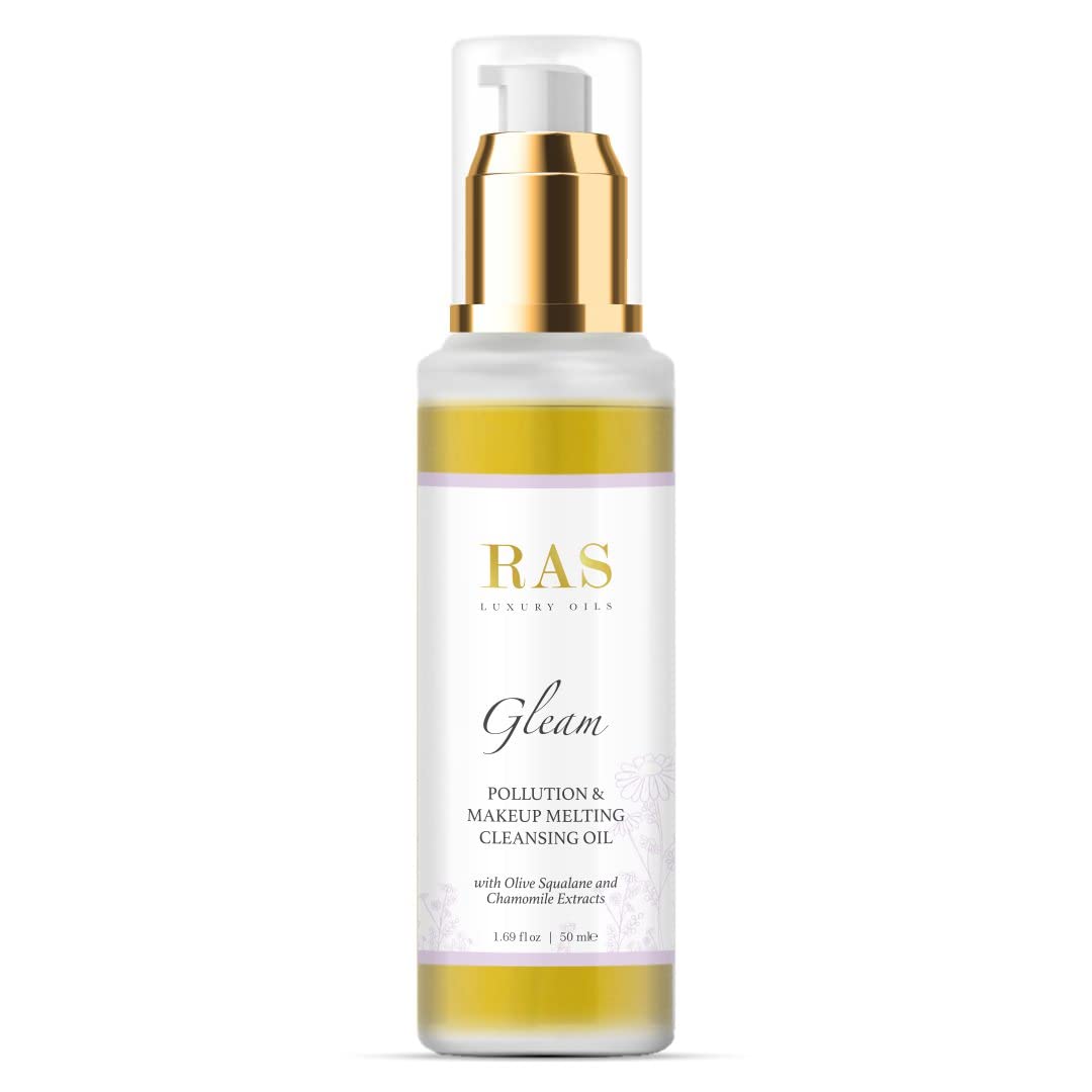 RAS Luxury Oils Gleam- Pollution & Makeup Melting Cleansing Oil; Enriched With Olive Oil, Moringa & Chamomile Extracts; Melts Makeup, Removes Dirt