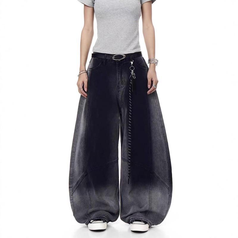 Womens High-Waisted Wide-Leg Washed Denim Pants Loose Fit Cropped Flare Jeans Streetwear Casual