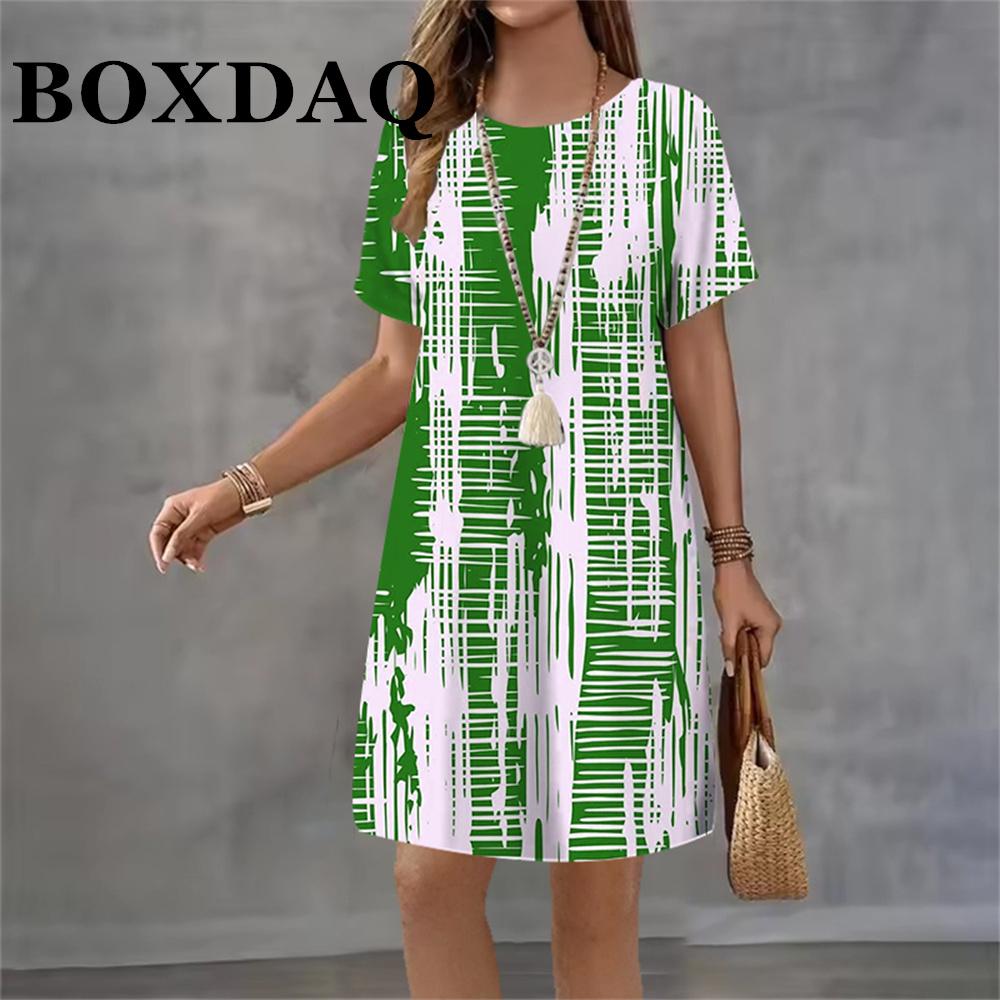2026 Vintage Women's Dresses Tie Dye Striped 3D Printed Elegant Casual Short Sleeve Dresses Loose Fashion Summer Women's Dresses