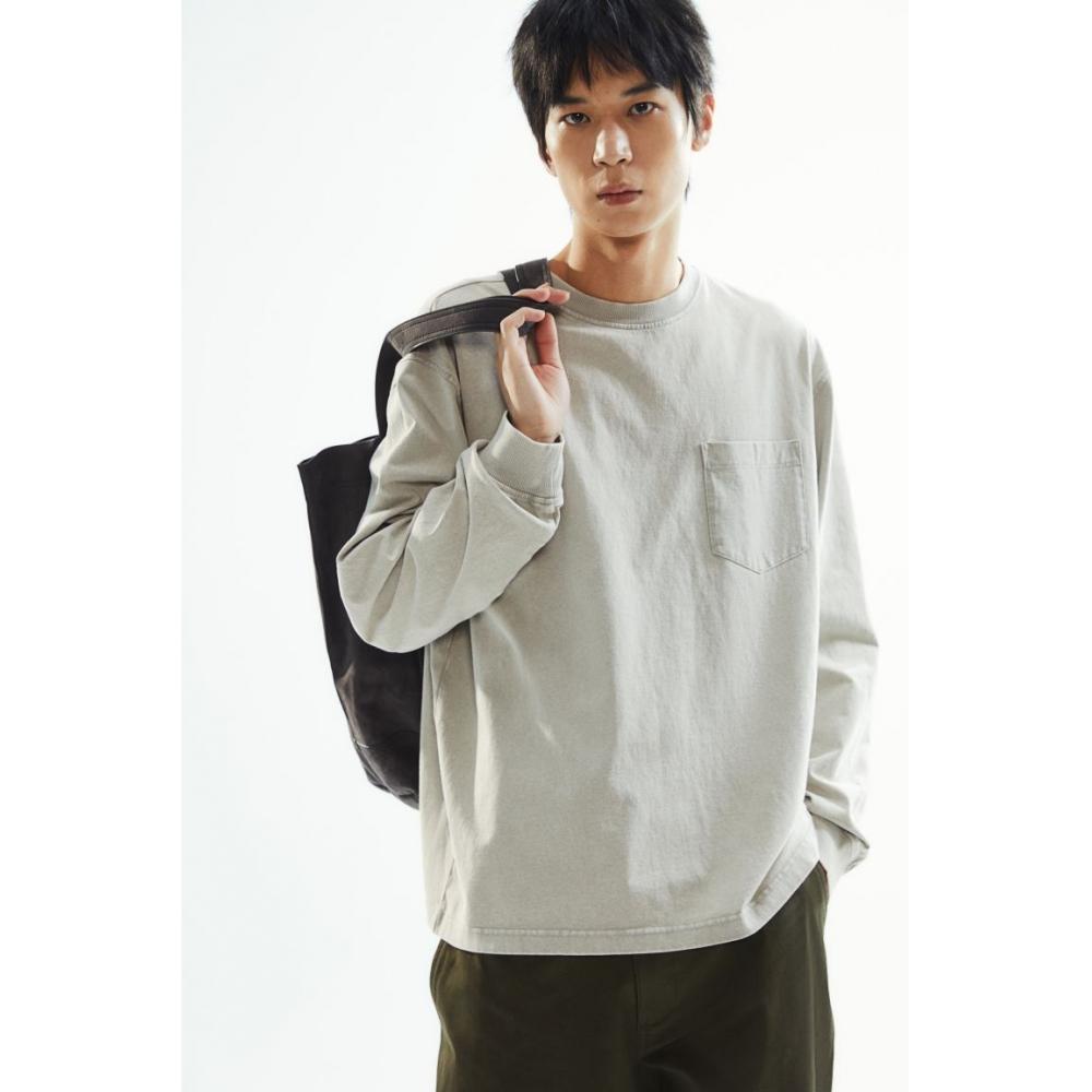 H M wasHed Look Jersey Top Loose Fit Dusty Green