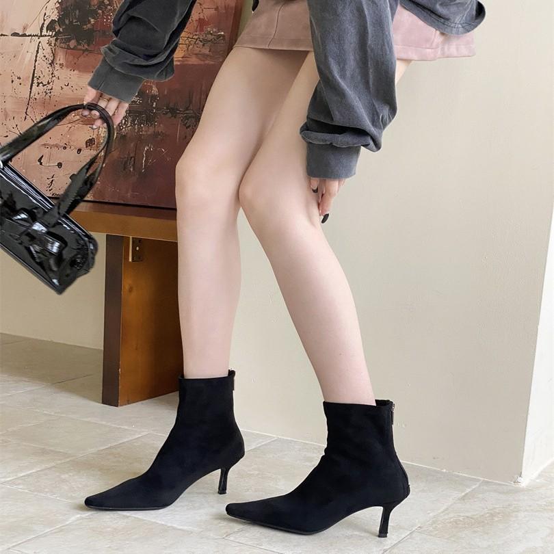 High-heeled Pointed-toed Temperament Suede Thin Short Boots Women's Shoes 2025 New Autumn and Winter Thin-heeled Korean Small Ankle Boots