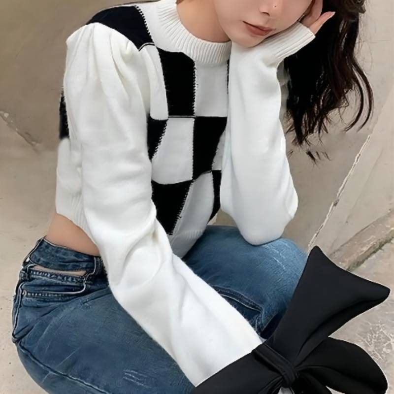 Autumn Sweater Women's Knitted Sweater Checkerboard Pattern Sweater Women's Half High Collar Long Sleeved Knitted Short Sweater