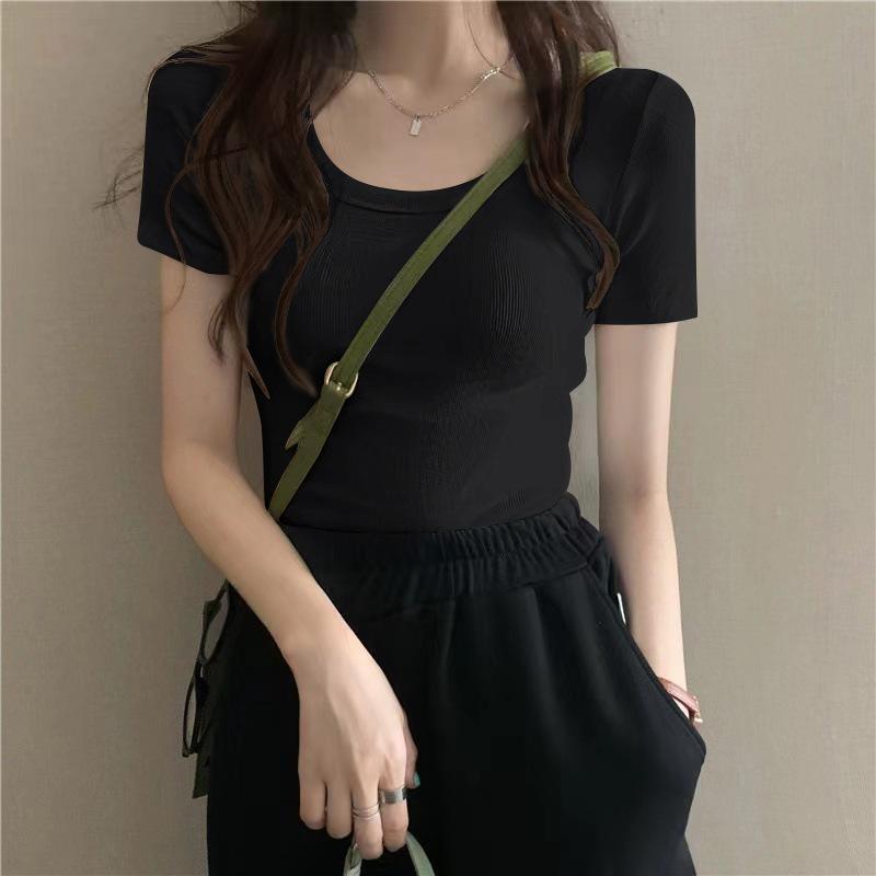 New Spring and Summer Solid Color Versatile Short-sleeved T-shirt Top for Women's Front Shoulder Thread Round Neck Slim