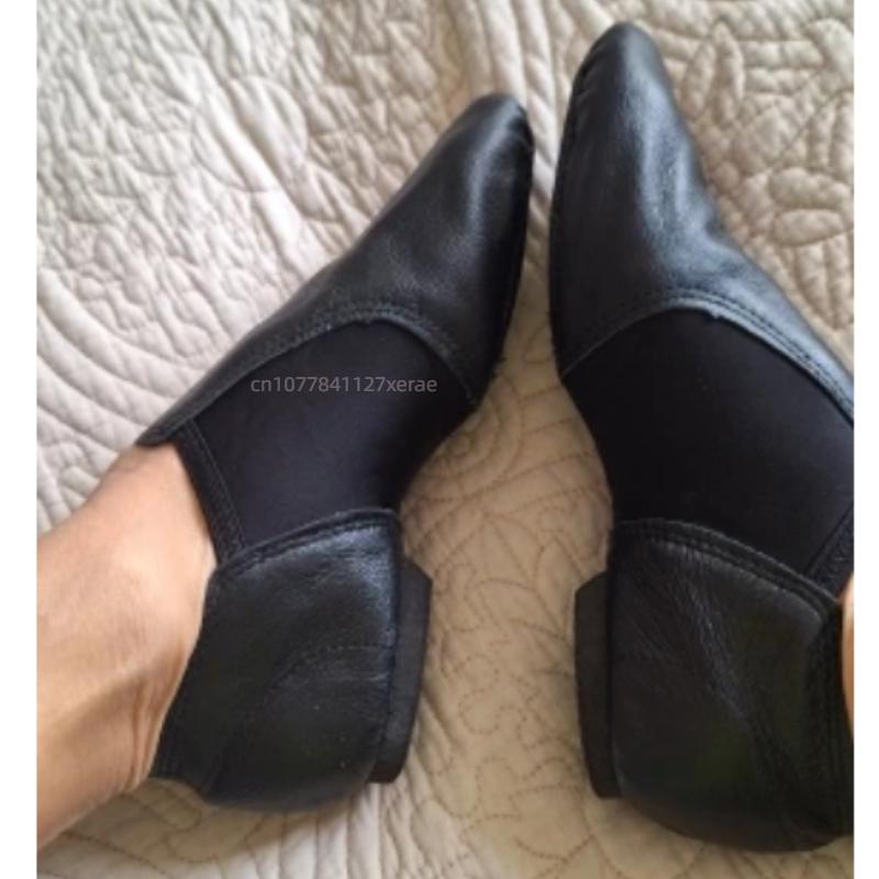 Adult and Children's Low Heeled Jazz Dance Shoes, Camel and Black Oxford Cloth Genuine Leather Elastic Cloth Jazz Shoes