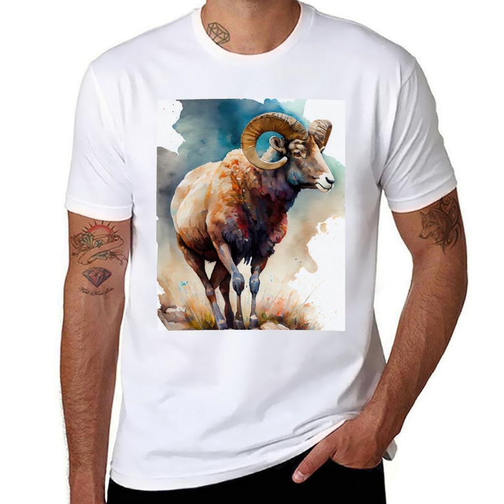 American Bighorn Sheep Watercolor Paint Tshirt Work Basic Short Sleeve Top