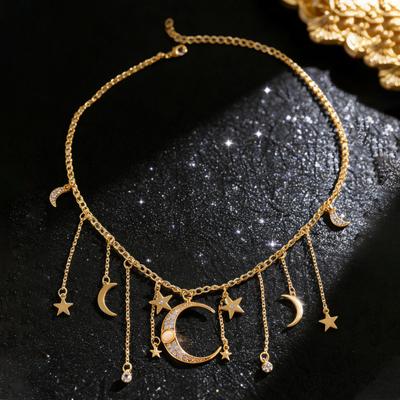 Naszyjnik z zawieszkami Gwiazda i Księżyc Boho Łańcuszek z Frędzlami Choker Cyrkonie Półksiężyc Pentagram Naszyjnik z Frędzlami dla Kobiet na Randki Imprezy Biżuteria