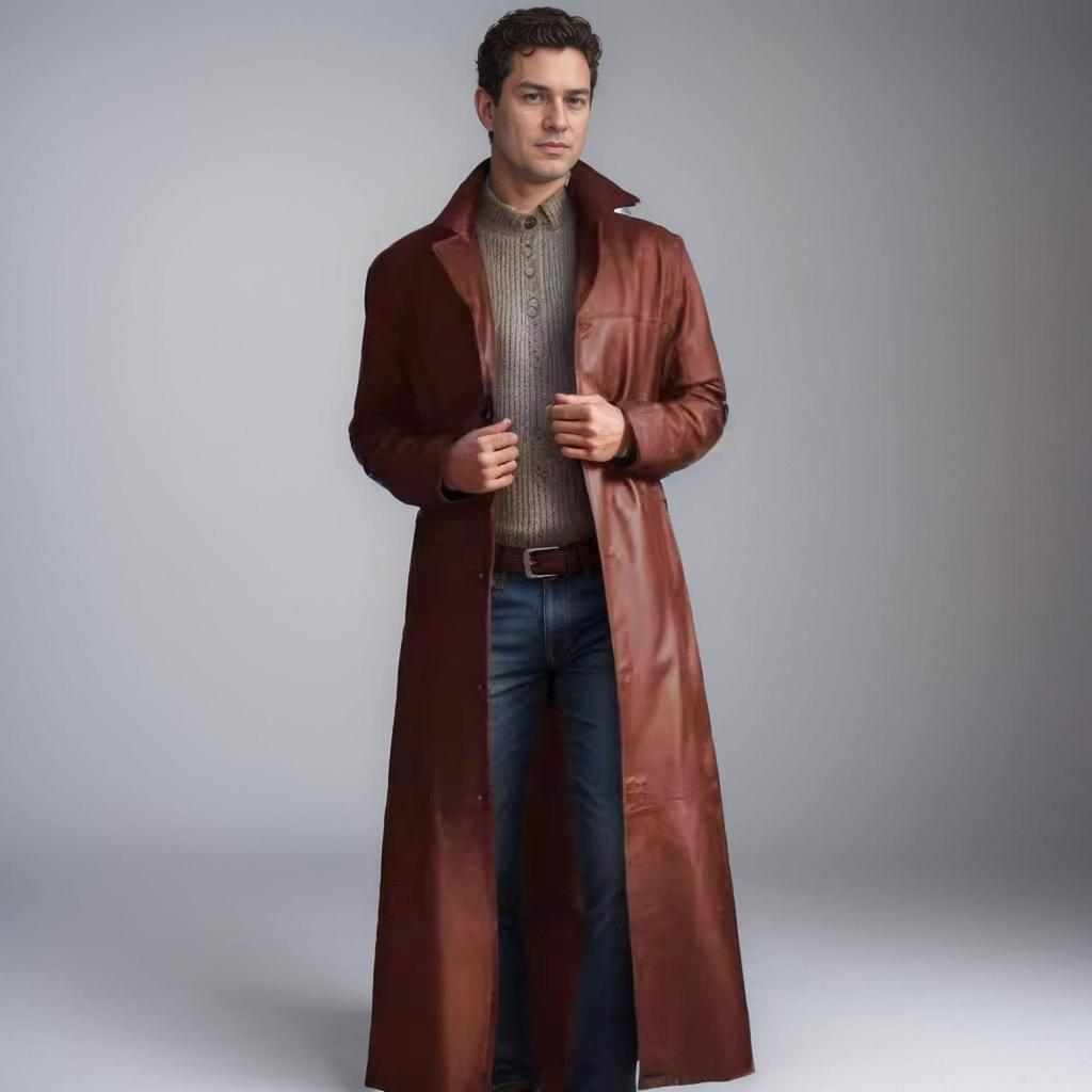 Stilvoller langer Herren-Trenchcoat aus PU-Leder Slim Fit