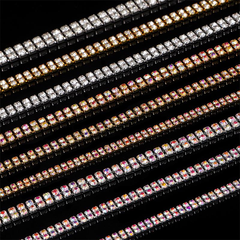 1 Yard 2 Reihen 1 Reihe Kristall Strass Kette Aufnähen Aufkleben Perlen Besatz Kupfer Kette Für Kleidung DIY Schmuckherstellung Zubehör