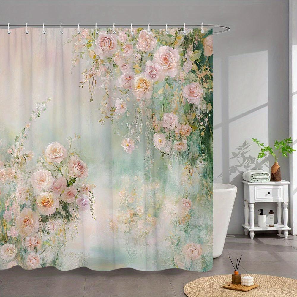 1pc Watercolor Peonies Bathtub Curtain - Pink & White Blooms with Green Foliage, Soft Gradient Design, 12 Hooks Included