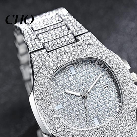 Eye-catching Wristwatch Quartz Watch with Full Diamond Bezel And Dial High Accuracy Sparkling Trendy Hip-Hop Style for Daily Party Fashion Statement