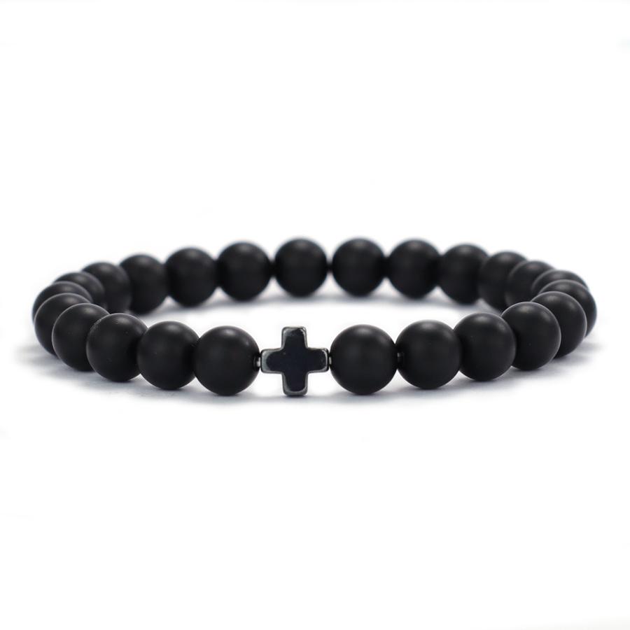 Minimalist Cross Bracelet Men 8mm Natural Tiger Eyes Lava Hematite Stone Healing Braslet Bangle Leisure Versatile Accessories