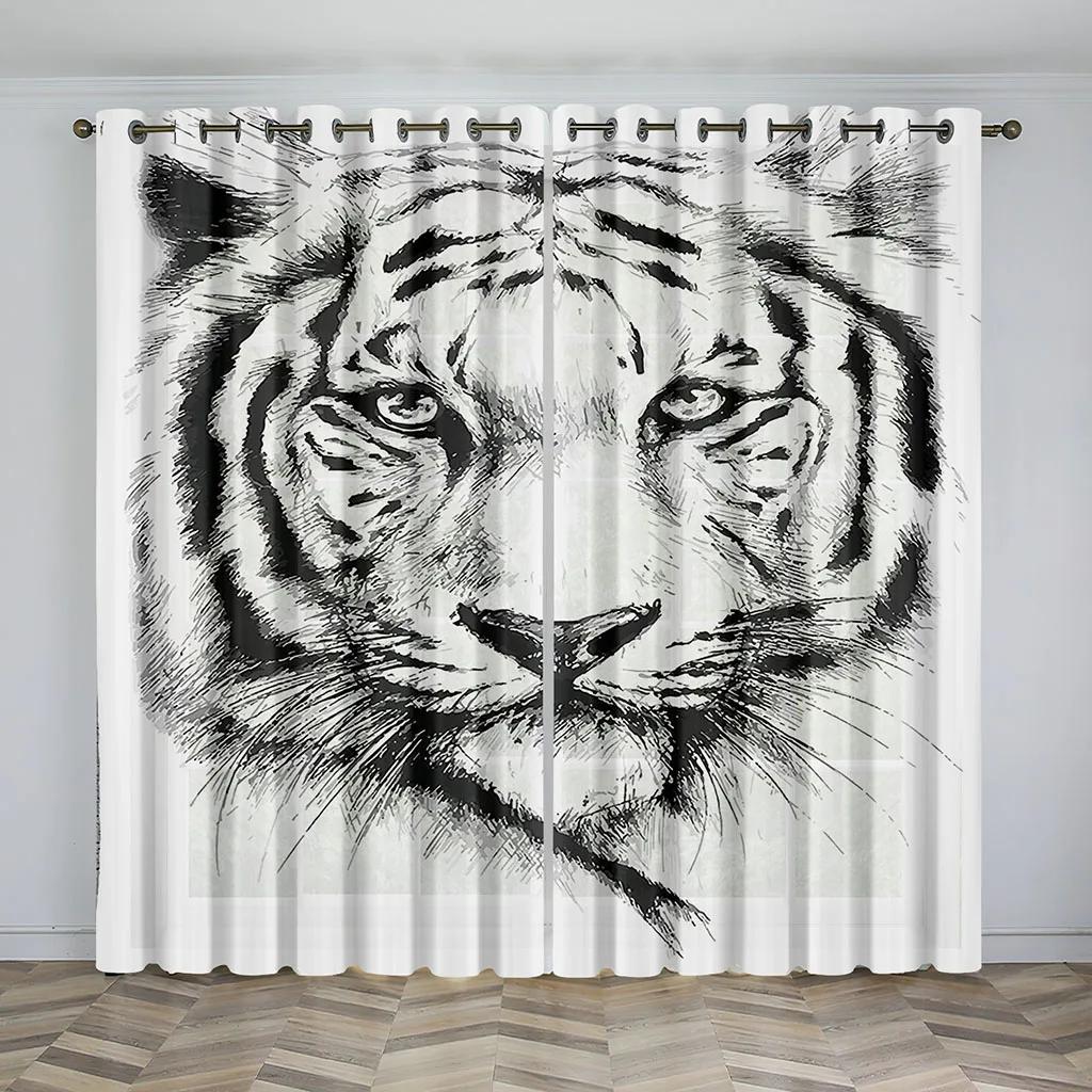 3D Digital Printing Curtain for Kitchen, White Tiger, Wild Animal Pattern, Short Window Curtains, Living Room, 2 Panels