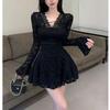 Elegant Lace V-neck Long-sleeve Dress: Slim Fit A-line Skirt for Early Spring