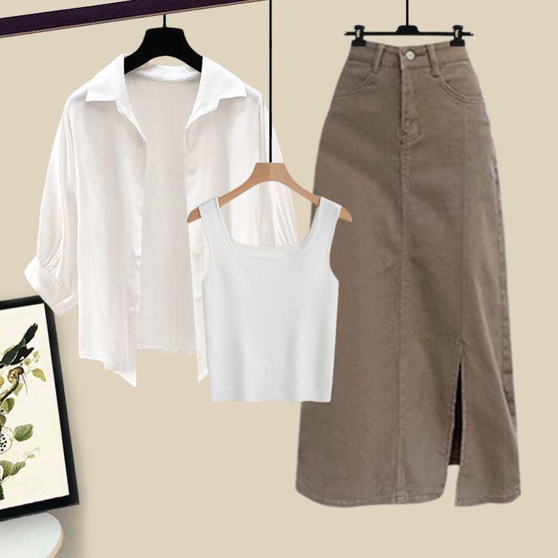 2026 Women s Elegant Three-Piece Set: Autumn Sun Protection Shirt, Slimming Suit, Winter Skirt White Vest [Single Piece]