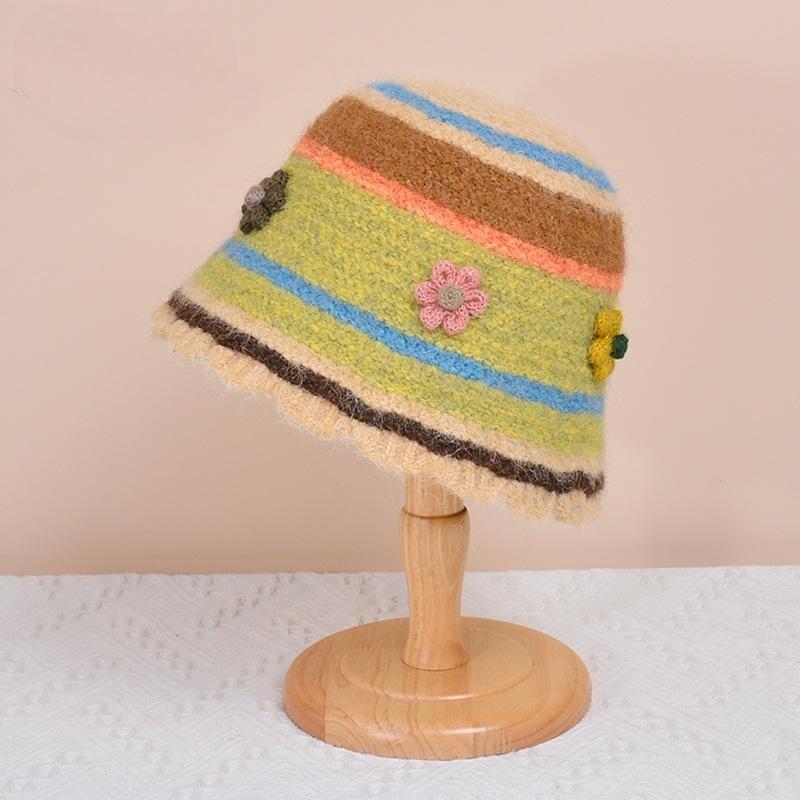 Japanese hollow knitted basin hat autumn and winter sweet dopamine wool hat women's colored flower bucket hat