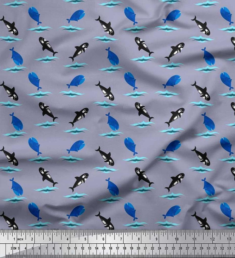 Soimoi Japan Crepe Satin Fabric Waves,Whale & Dolphin Ocean Decor Fabric Printed metre 42 Inch
