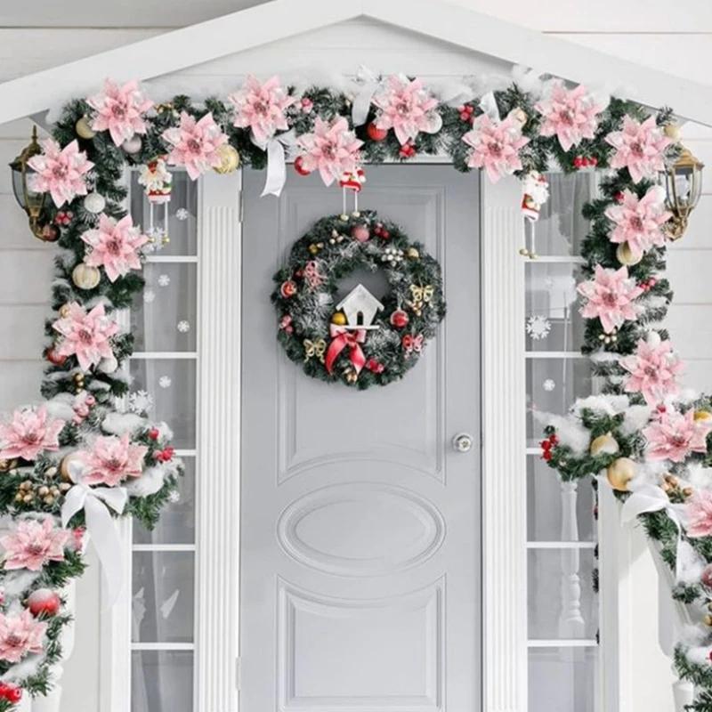 5/10Pcs 14.5cm Sparkling Christmas Decorations Glitter Artifical Flower Doors Windows Christmas Tree Decor for 2025 New Year