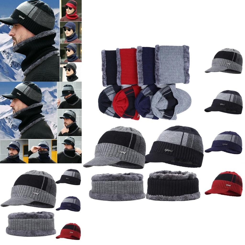 Soft Men Unisex Winter Warm Hat Knit Visor Beanie With Cozy Fleece Lining**