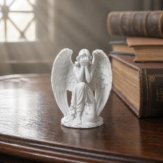 3D-printad ängelfigur, Liten hukande ängel Bordsdekoration, Vitvingad ängelskulptur för Hemträdgårdsdekoration