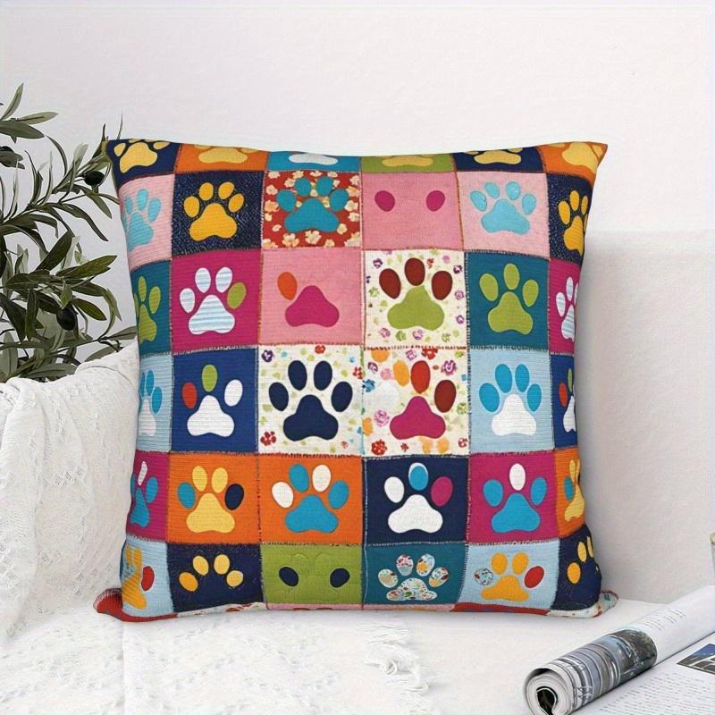 1 Colored Paw Print Splicing Decorative Pillow Cover - 17.7x17.7 Soft Plush Cushion Cover with Zipper Closure, Machine Washable