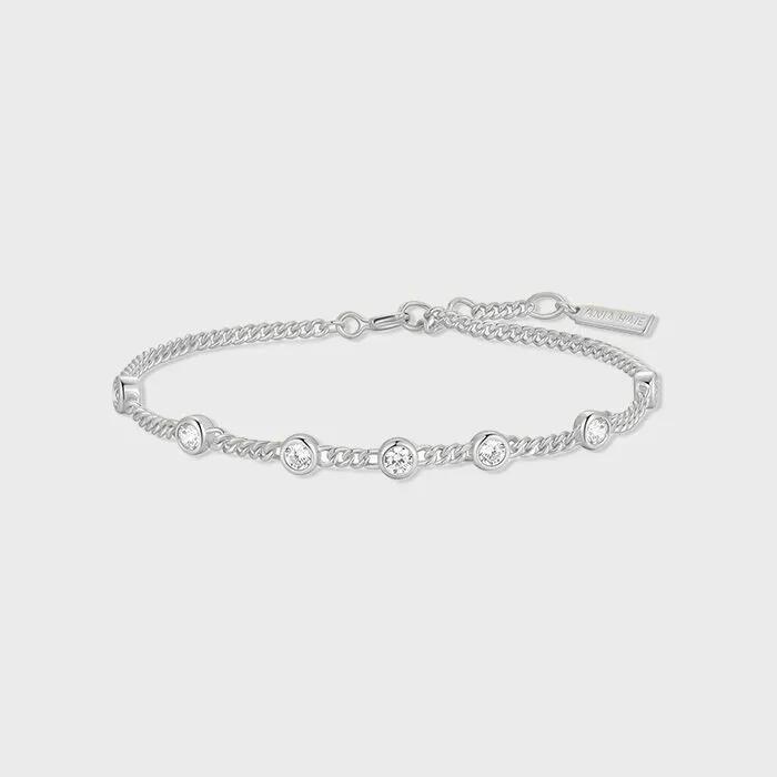 Silver Multi-Station Round Stone Chain 925 Silver Bracelet B066-05H.
