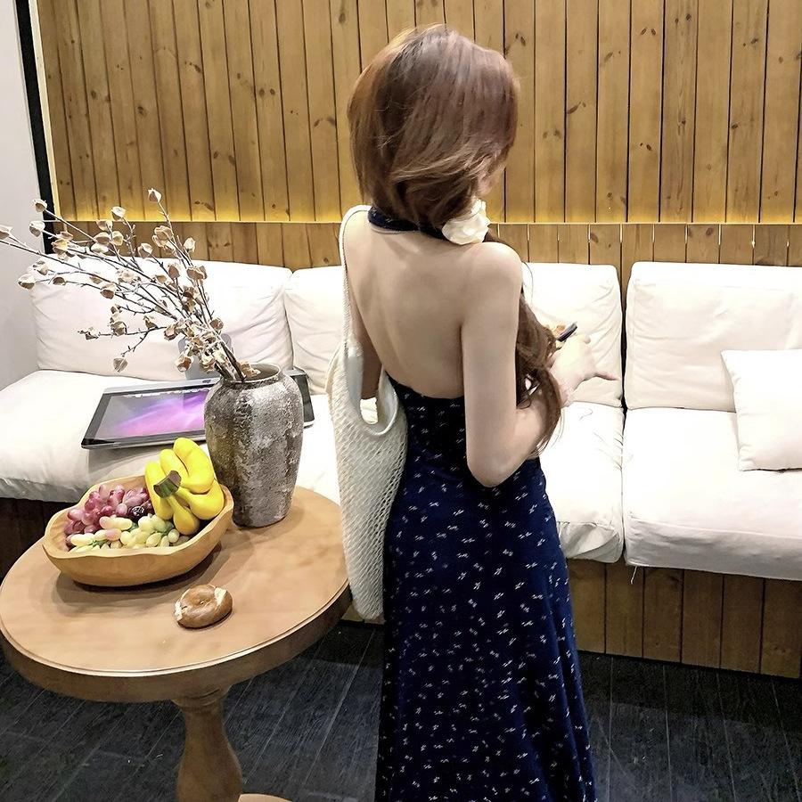 French Neck-hanging Waist Floral Suspender Dress Women's Summer Niche Design Sense Spice Girl Lace Splicing Coffee Break Dress