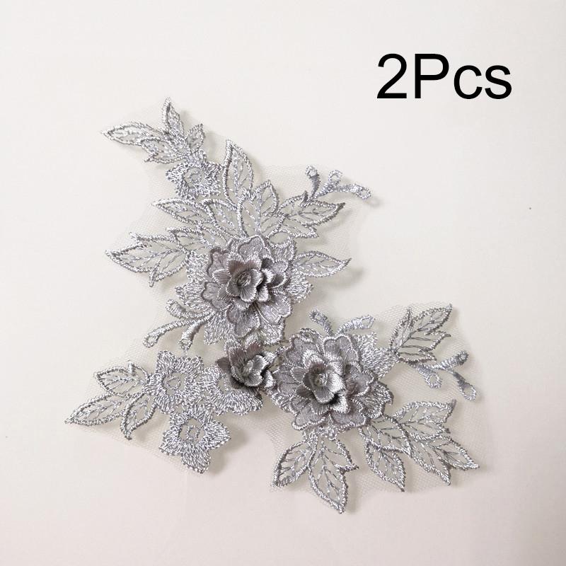2Pcs Flower Embroidered Trim Lace Applique Fabric Craft Sewing Motif Dress Decoration Wedding Bridal DIY Patches Hollowed Out