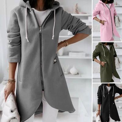 Solid Color Curved Hem Zipper Cardigan Hooded Sweatshirt Women Double Pockets Hoodie Autumn Winter Commuter Thickened Outerwear