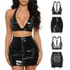 Women’s Wet Look PU Club Outfit Y-Back Zipper Cup Bra Top and Front Zipper Back Floral Lace Lace-Up Detail Bodycon Mini Skirt 2Pc Set for Nightclub