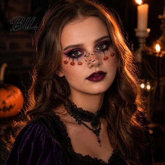 Halloweenské párty potřeby Tetovací nálepky, Dočasné nálepky na obličej pro make-up, Umělecké Dětské Voděodolné Dýně Netopýr Skvrny od krve Dospělí Snadná aplikace