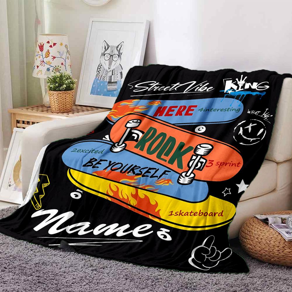 Custom Name skateboard Theme Printed Blanket - Perfect for Couch, Bed, Travel & Outdoor Use | Machine Washable, Cozy & Durable.