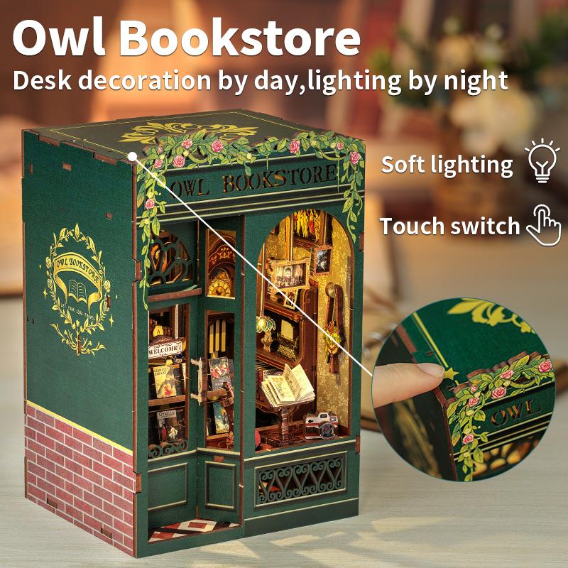 DIY Book Nook Kit Miniature Wooden Dollhouse with Lights Bookshelf Insert 3D Puzzle Model Owl Bookstore Gifts
