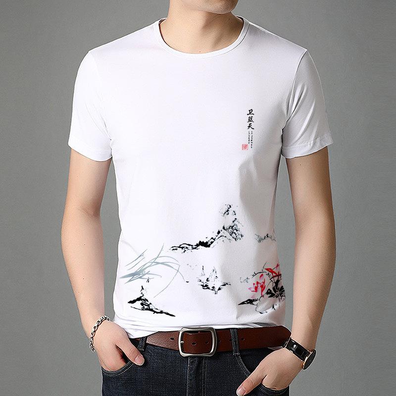 Summer New Round Neck Men s Short Sleeve Tops Slim Fit Ice Silk Trendy Tops L белый