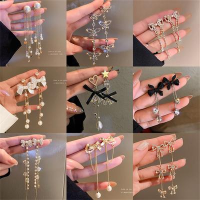 925 Silver Needle Exquisite Bow Light Luxury Pearl Earrings Simple High-end Earrings Temperament Long Tassel Earrings