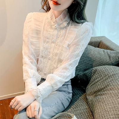 White Lace Shirt for Women In Spring and Autumn New Style Beaded French Retro Top Chic Base Shirt