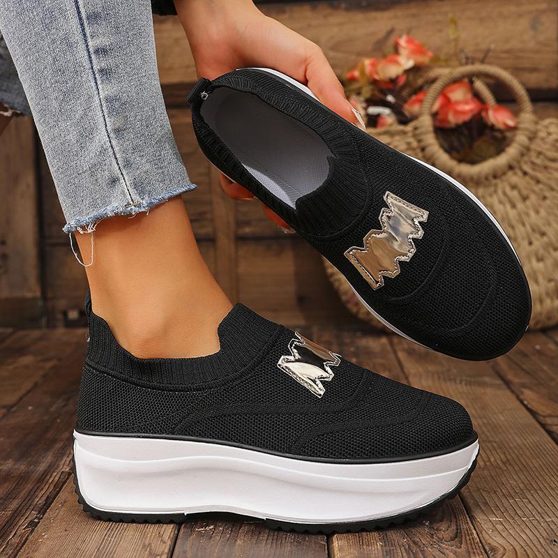 Fashion Breathable Knitted Platform Sneakers for Women Fashion Letter Decor Creepers Shoes Woman Thick Sole Slip On Walking Shoes 36-43