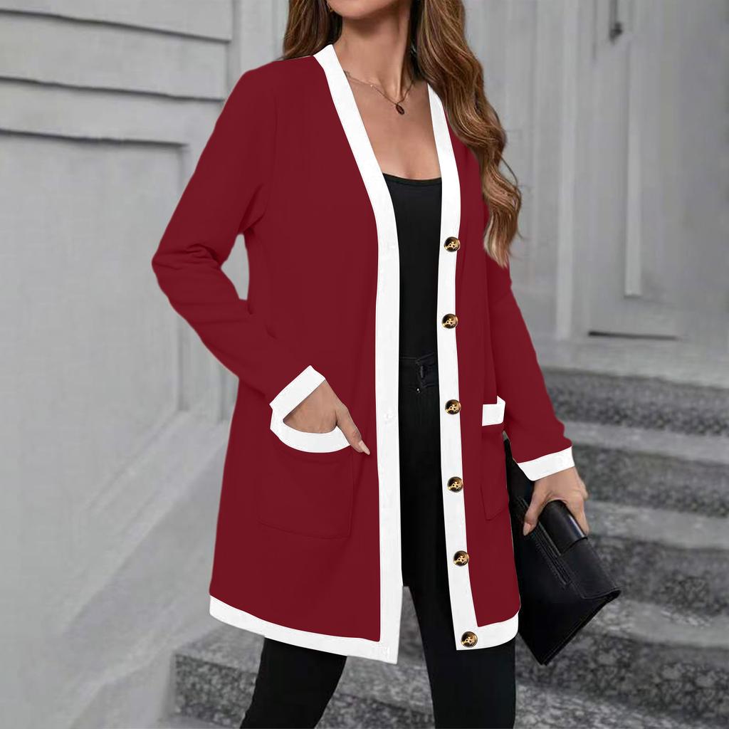 Women's Knitted Pocket Single-breasted Mid-length Contrast Color Casual Long-sleeved Cardigan Jacket