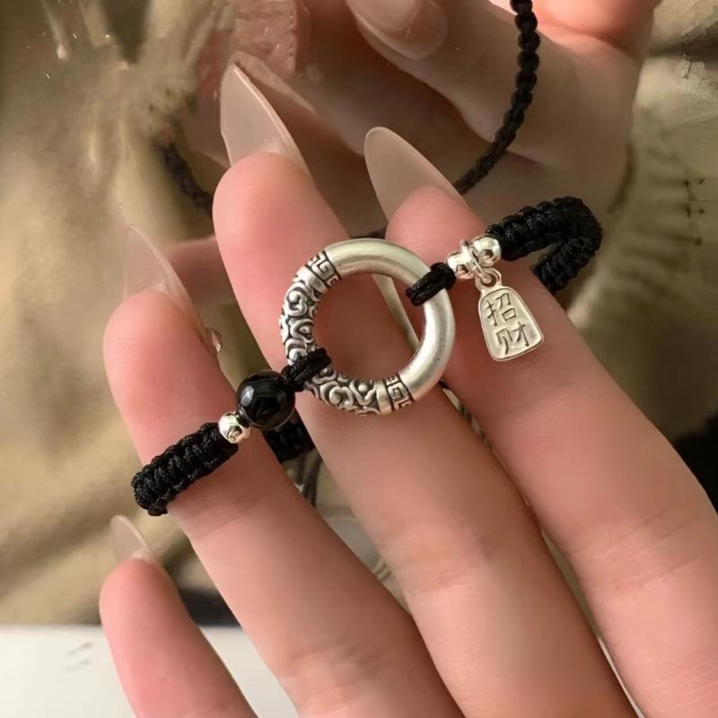 Retro Chinese-Style 999 Sterling Silver Bracelet with Ping'an Buckle and Love Beans