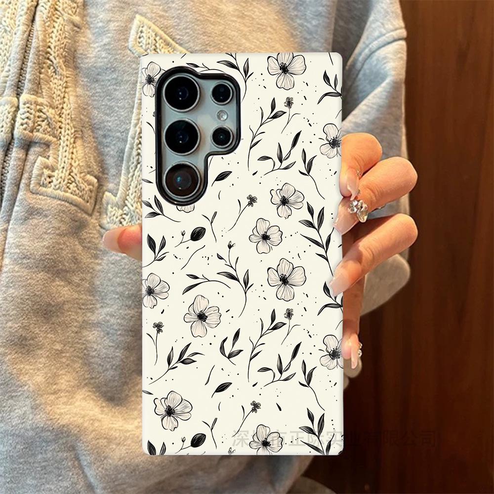 Minimal black and white line draft flower S25Plus film mobile phone case S22ultra anti-drop protective case