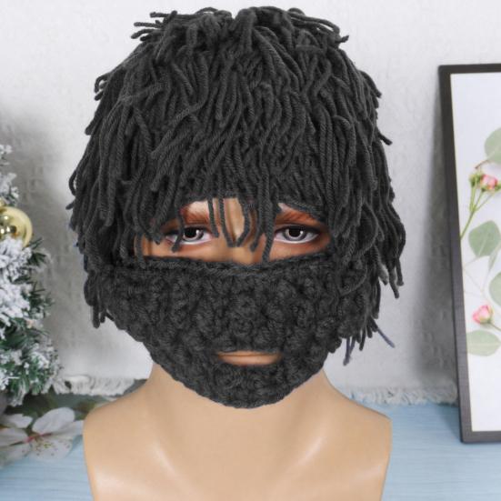 Kids Hat with Detachable Soft Yarn Straight Hair Wig Punk Style Mustache Warm Knitted Beard Cosplay