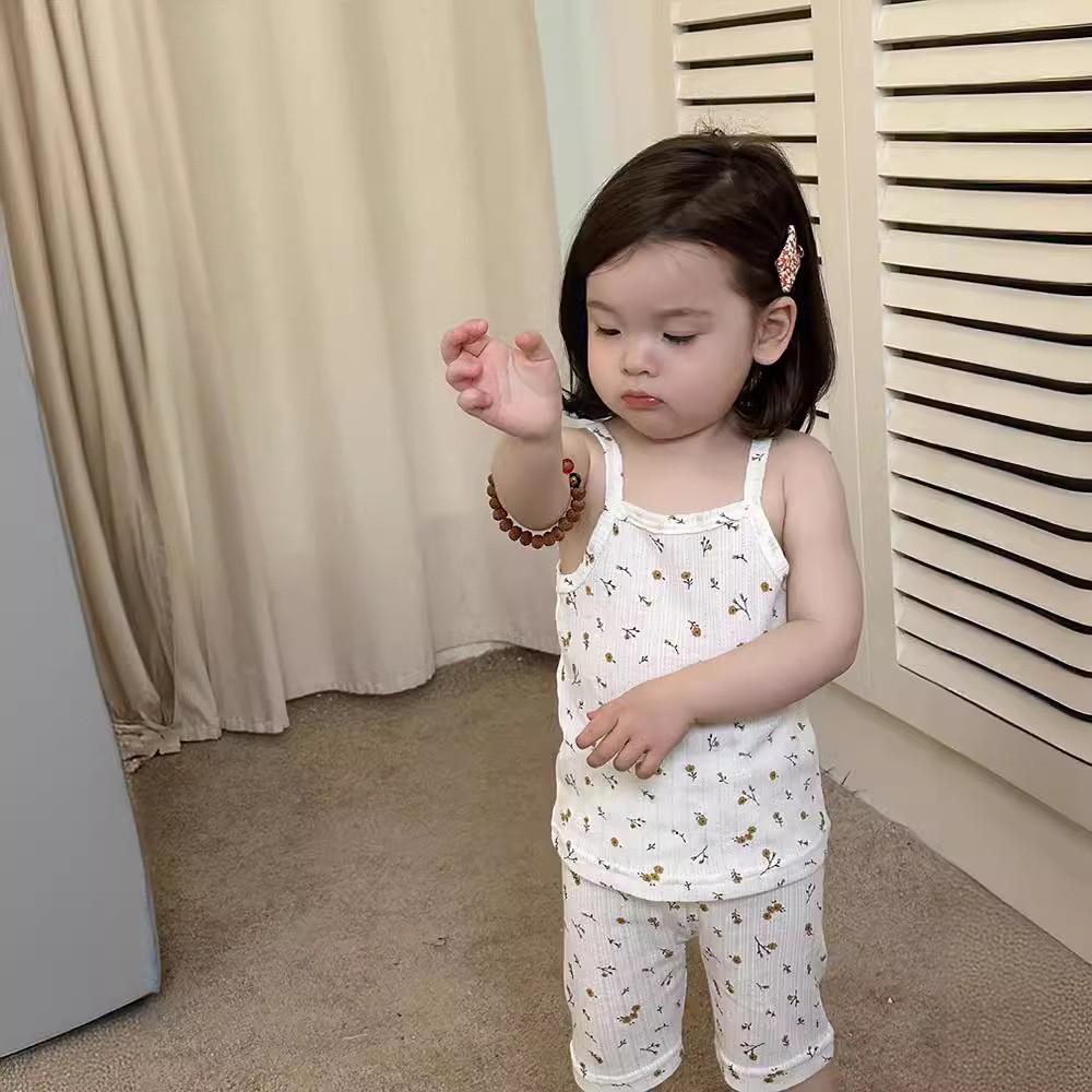 Elegant Floral Print Baby Girls Summer Two Piece Outfit Lightweight Cotton Set 100cm абрикосовый