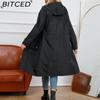 BITCED Palton de tranșee casual cu mânecă lungă de primăvară/toamnă pentru femei, rezistent la apă, cu glugă, de culoare uni, cu căptușeală în dungi, jachetă cu croială dreaptă